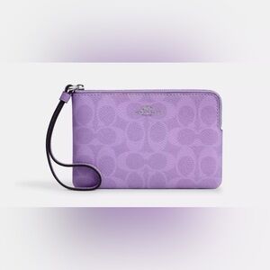 Coach Corner Zip Lavender Wristlet Signature Canvas silver accents NWT